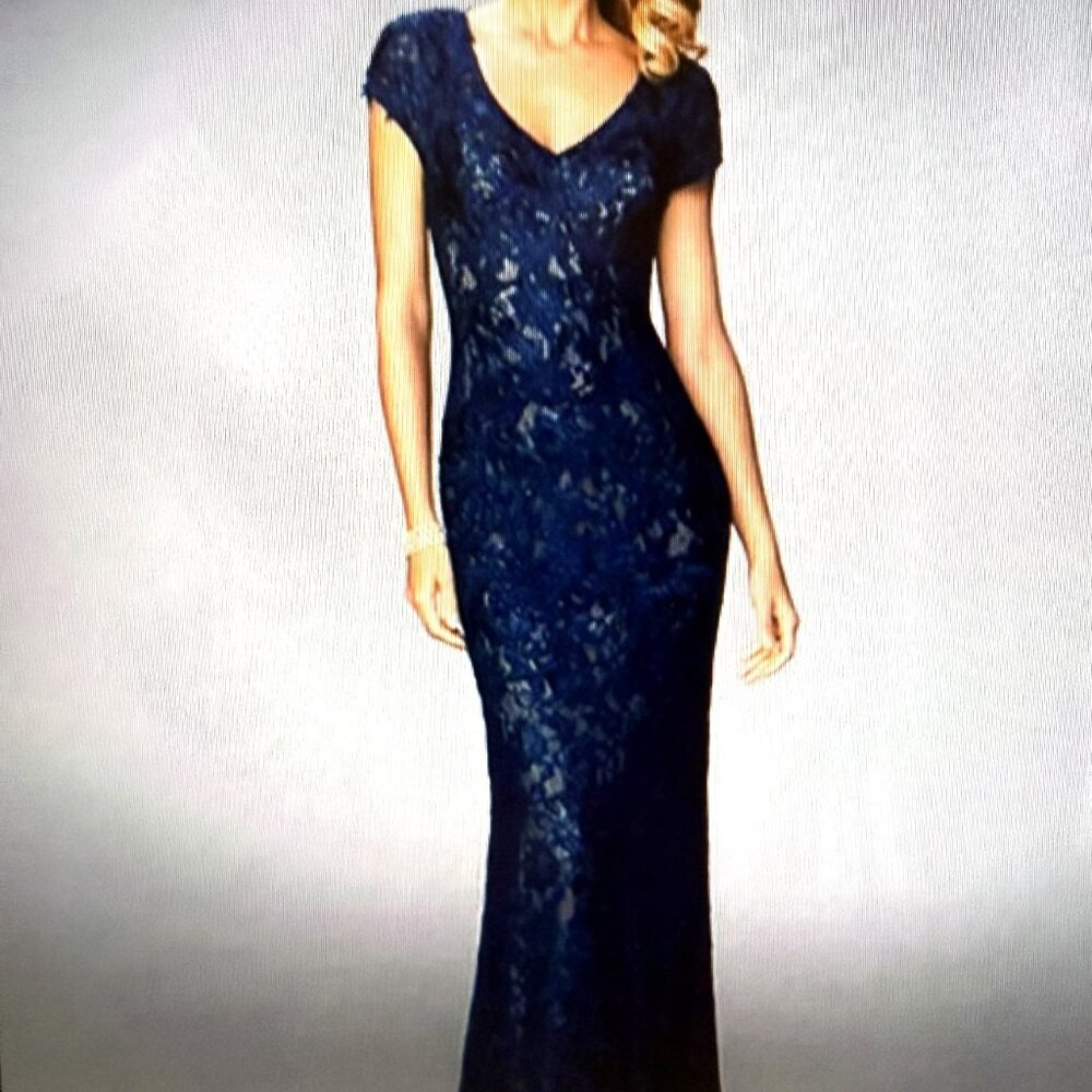 La Femme Blue Embellished Lace Floor Length Formal Gown